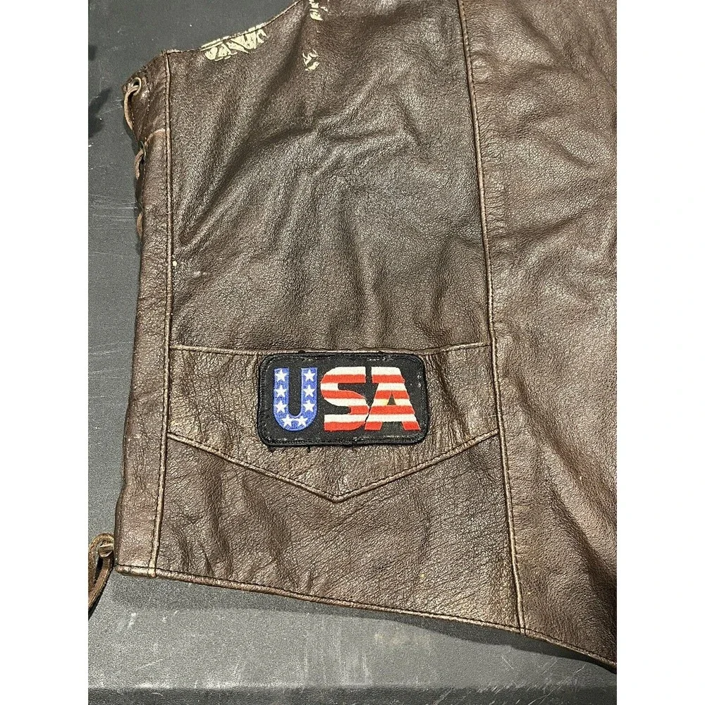 UNIK Premium Leather Brown Biker Motorcycle Vest Size 56 BORN‎ TO RIDE USA Patch